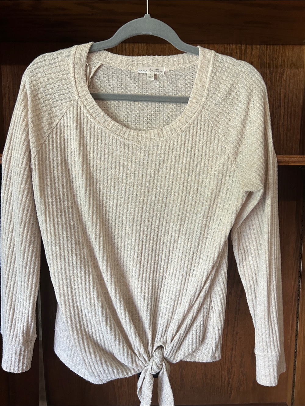 nine britton Cream Ribbed Crewneck Sweater with Front Tie
